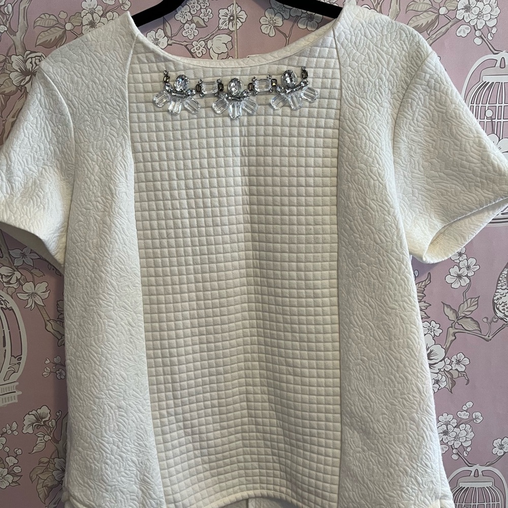 Ann Taylor ivory jewelled neck textured top
